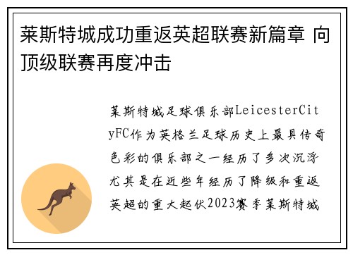 莱斯特城成功重返英超联赛新篇章 向顶级联赛再度冲击 莱斯特城成功重返英超联赛新篇章 向顶级联赛再度冲击
