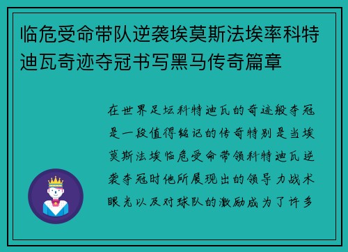 临危受命带队逆袭埃莫斯法埃率科特迪瓦奇迹夺冠书写黑马传奇篇章