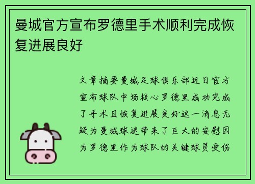 曼城官方宣布罗德里手术顺利完成恢复进展良好 曼城官方宣布罗德里手术顺利完成恢复进展良好